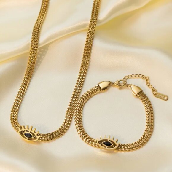 New Eye Evil Symbolic Charm 18K Gold-Plated Necklace & Bracelet Set - Picture 6 of 10